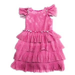 Zoe LTD Girls Back Zip Short Sleeve Metallic Ruffled Dress Pink White Size 10